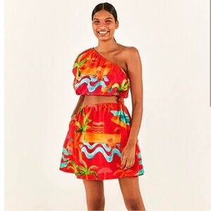 FARM RIO Size XS Red Tropical Beach Resort Mini Dress One Shoulder